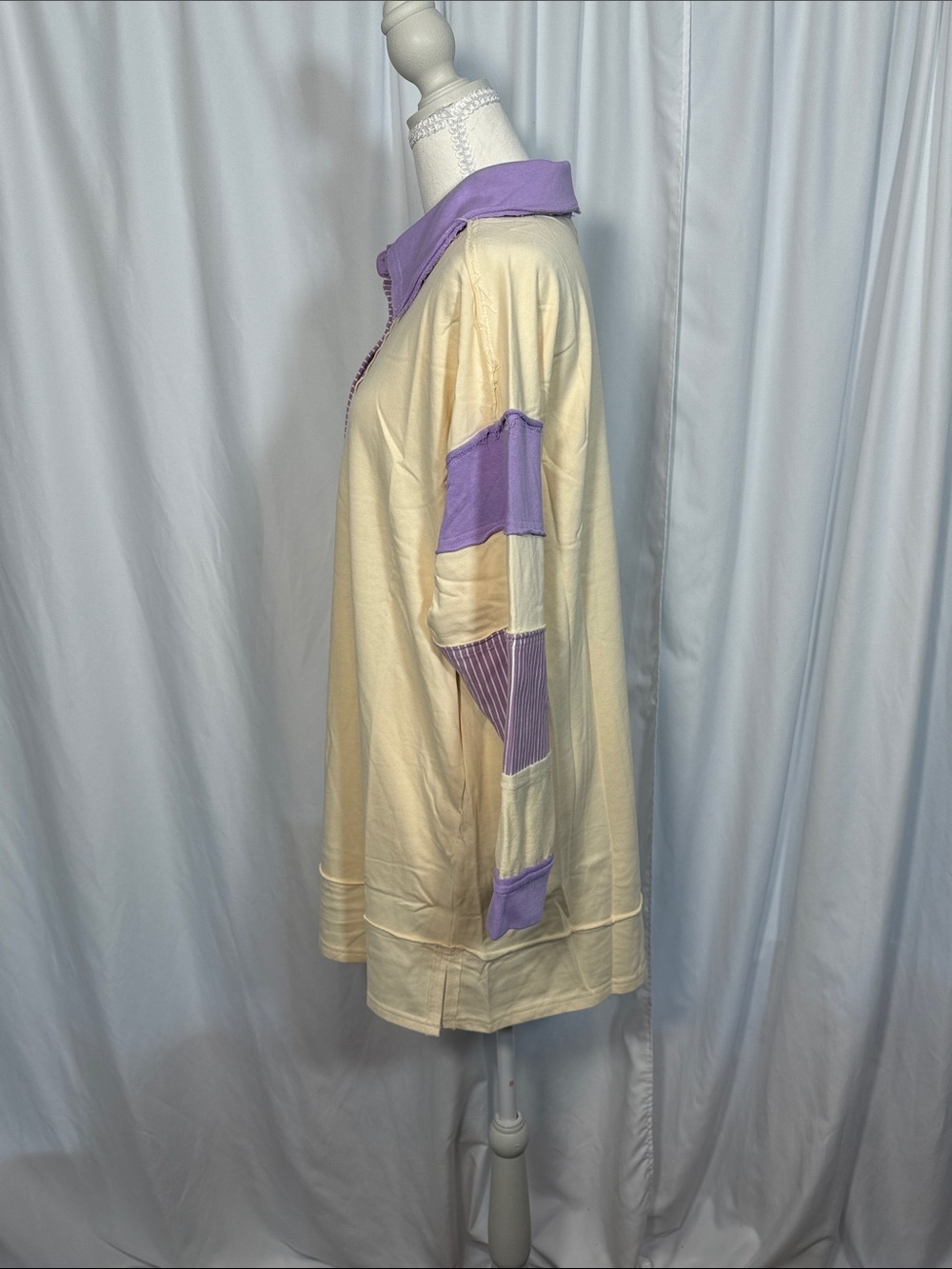Long Sleeve Cream Shirt Dress with Lavender Polo Details - Picture 3 of 5